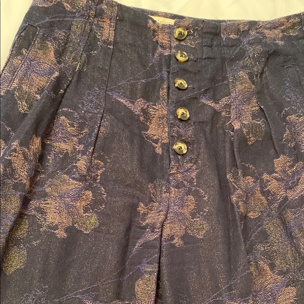 Anthropologie Wide-Leg Floral Pants in Navy with Mauve and Gold Accents - Picture 3 of 4